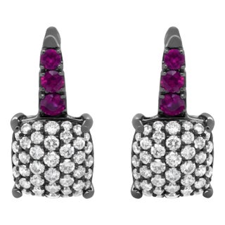 Black Rhodium Plated 18K White Gold 7/8 Cttw Round Diamond and Graduated Red Ruby Drop Earrings (F-G Color, VS1-VS2 Clarity) For Sale