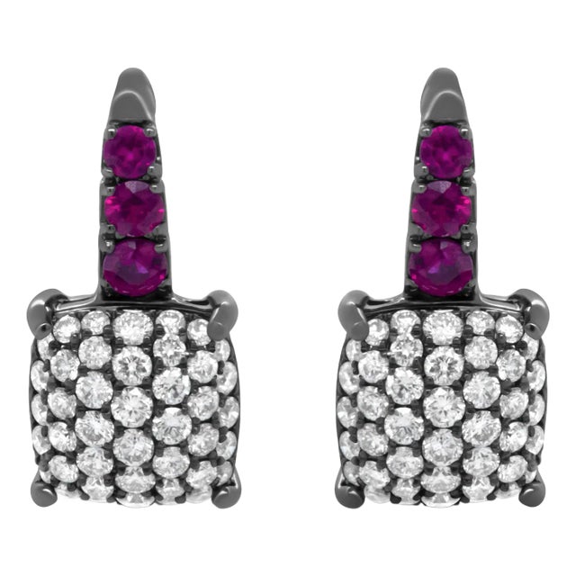 Black Rhodium Plated 18K White Gold 7/8 Cttw Round Diamond and Graduated Red Ruby Drop Earrings (F-G Color, VS1-VS2 Clarity) For Sale