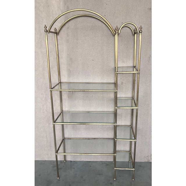 Vintage arched brass shelf shelves étagères. Chrome has been polished. Glasses are originals. The width is 29.92in +...