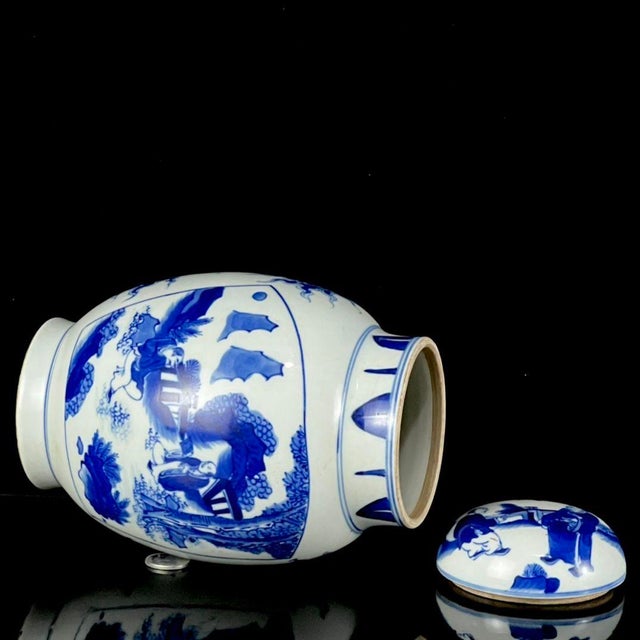 Blue Vintage Blue and White Porcelain Lidded Jar With Figural Landscape Panels For Sale - Image 8 of 8