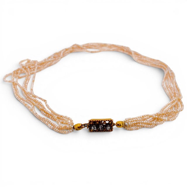 Metal Antique Belle Époque Multi Strand Pearl Choker Necklace — 18k Gold & Old-Cut For Sale - Image 7 of 8
