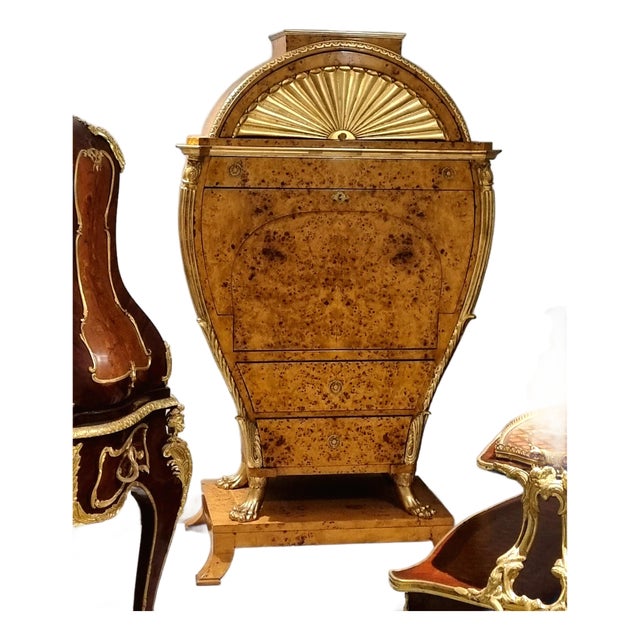 Magnificent Viennese Biedermeier-Style Secrétaire – Lyre-Inspired Cabinet With Gold Leaf & Bronze Details For Sale