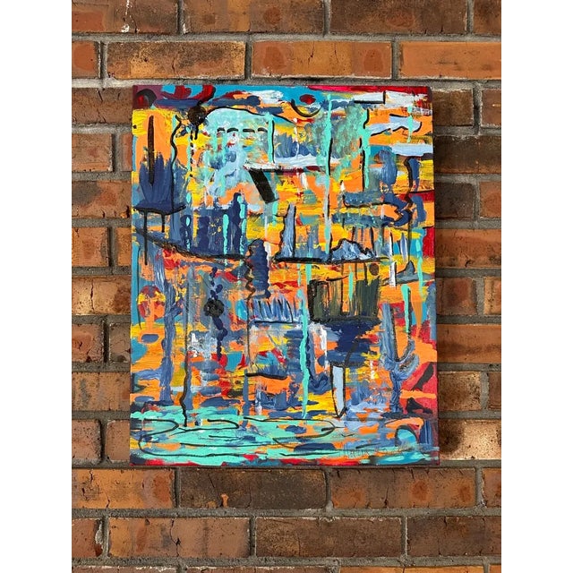 Really bright and unique abstract piece. Would look great with the other work by same artist on my page, or on its own!