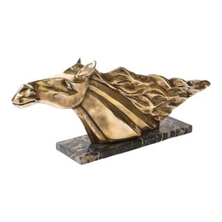Art Deco Stylized Stallion Sculpture in Brass on Black Portoro Marble Base For Sale