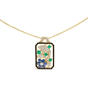 18K Yellow Gold 2 1/3 Cttw Diamond, Sapphire, and Emerald Dog Tag with Dolphin Silhouette Convertibl