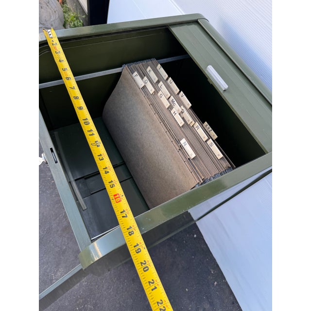 1950s Avocado Green Locking Metal Waterfall Rolltop File Cabinet Safe For Sale - Image 9 of 13
