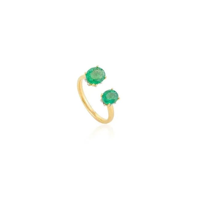 Modern Genuine Emerald Toi Et Moi Open Ring in 14k Yellow Gold Size 7 For Sale - Image 3 of 14