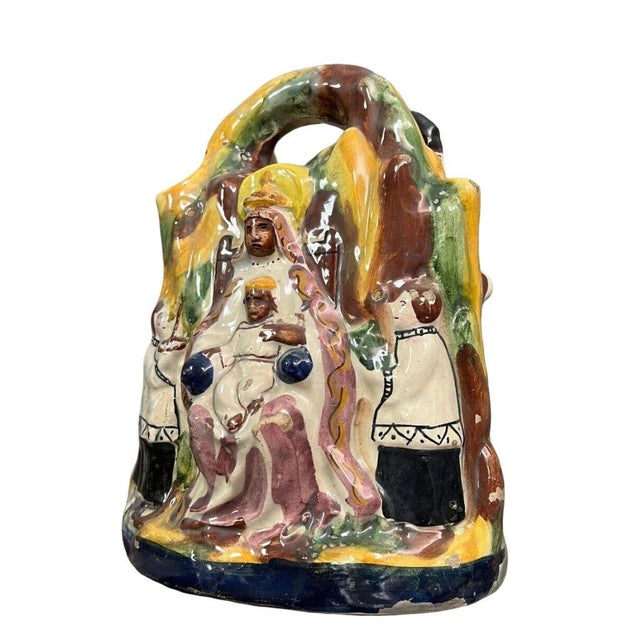 Rare Spanish majolica sculpture depicting the Black Madonna and Child Hand-painted Dimensions: H26x20x16