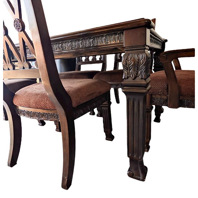 Elegant Intricate Carved Wood Dinning Room Table Set Including 6 Chairs & 2 Additional Leaves For Sale - Image 4 of 9
