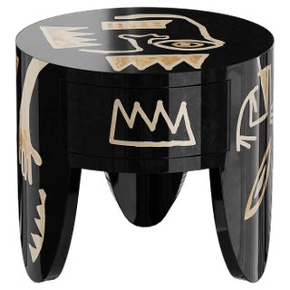 Brooklyn Bedside Table in Abstract Black Yellow Wood and One Drawer by HOMMÉS Studio For Sale