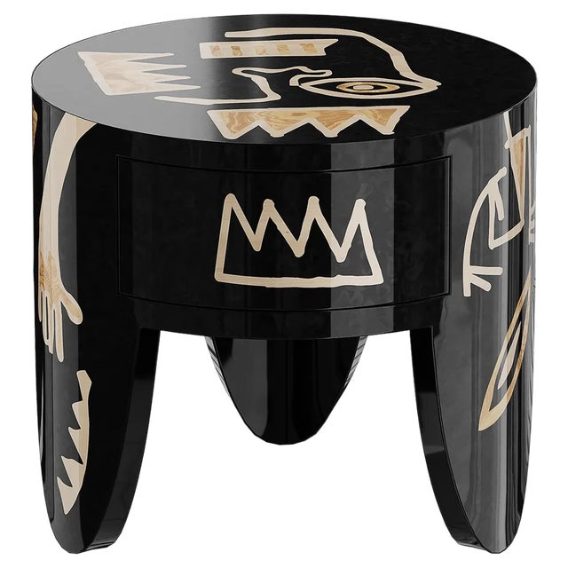 Brooklyn Bedside Table in Abstract Black Yellow Wood and One Drawer by HOMMÉS Studio For Sale