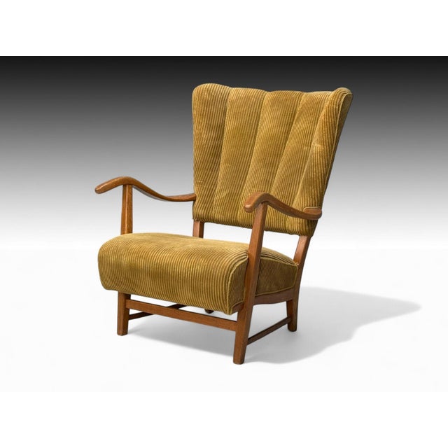 Frits Henningsen, Danish Mid-Century Modern, Corduroy, Wood, Lounge Chair, Denmark, 1940s High-back arm or lounge chair...