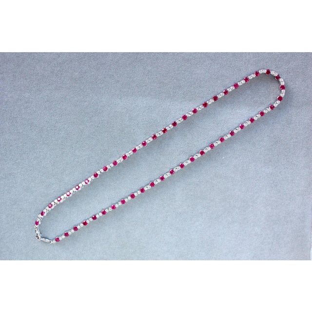 Early 21st Century Ruby Diamond Bezel Set Tennis Line 14k White Gold Classic Set Unique Necklace For Sale - Image 5 of 14
