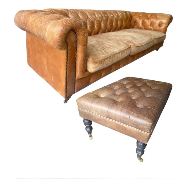 Elevate Your Living Space With This Stunning, Handcrafted Chesterfield Sofa and Ottoman in Genuine Tan Leather For Sale