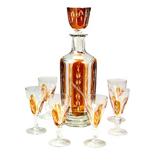 Golden Honey Amber Carafe with Glasses, Set of 7 For Sale