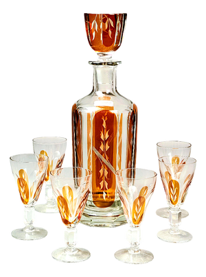 Golden Honey Amber Carafe with Glasses, Set of 7