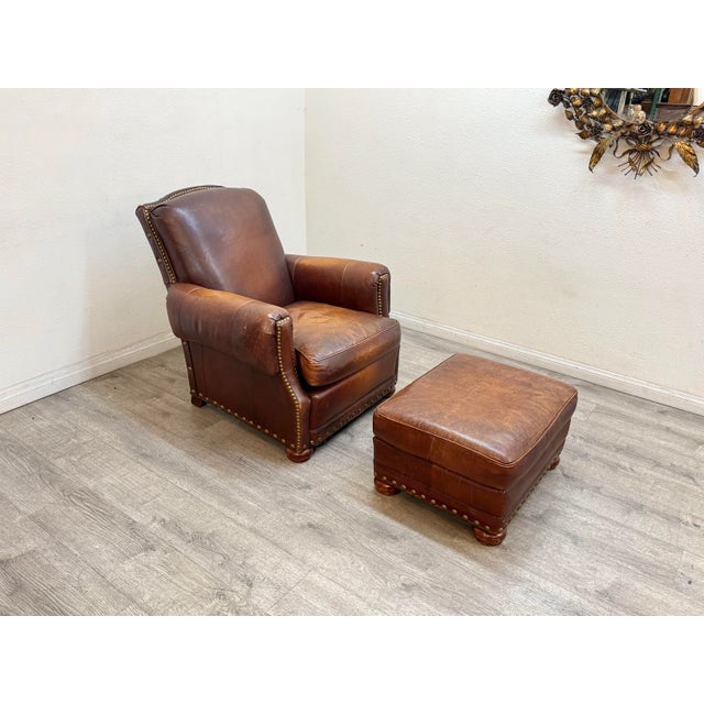 French Leather Chair With Matching Ottoman For Sale - Image 3 of 11