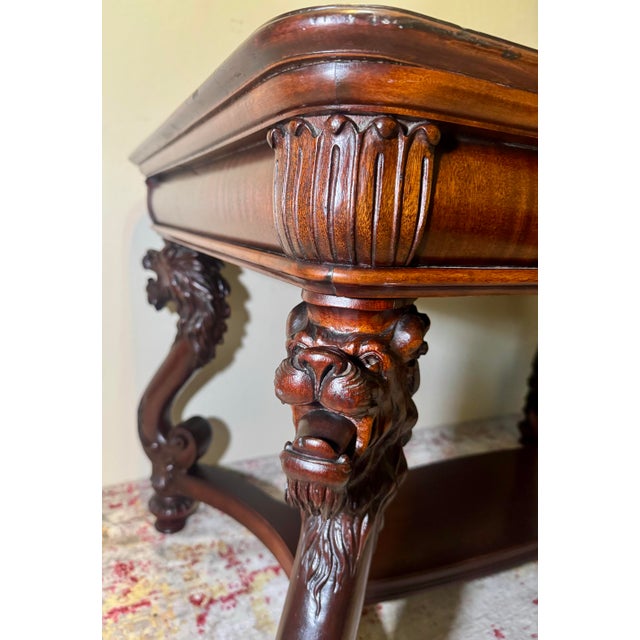 1900 - 1909 Antique Carved Mahogany Library Table With Lion Head Legs, C. 1900–1915 For Sale - Image 5 of 12