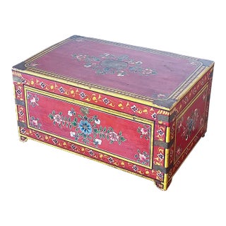 Antique Hand-Painted Box in Red With Flowers in Turquoise and Brass Details For Sale