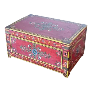 Antique Hand-Painted Box in Red With Flowers in Turquoise and Brass Details