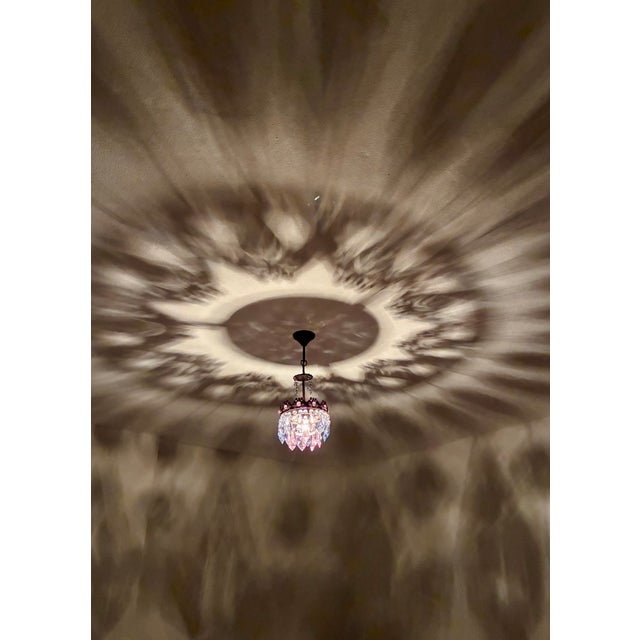 Vintage Brass Crown Chandelier With Hand-Painted Pink and Ice Blue Crystal Prisms For Sale - Image 11 of 17