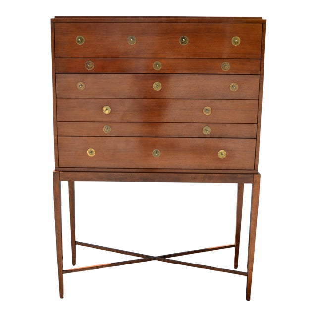 1960 Baker Furniture Mahogany Federal Style Chest on Stand Ornate Brass Hardware For Sale