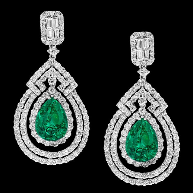GIA Certified 8Ct Colombian Pear Emerald Diamond Hanging/ Drop Earrings 18K Gold, A Pair For Sale - Image 14 of 18