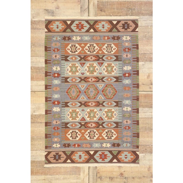 Sky Blue Vintage Persian Shiraz Kilim Rug - 03'08 X 05'07 For Sale - Image 8 of 10