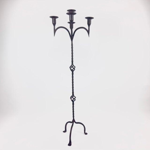 Hand Forged Wrought Iron Floor Candelabra 50″ (127cm) Antique Copper Patina 5-Arm Candle Holder Gothic Medieval Church Decor For Sale - Image 6 of 7