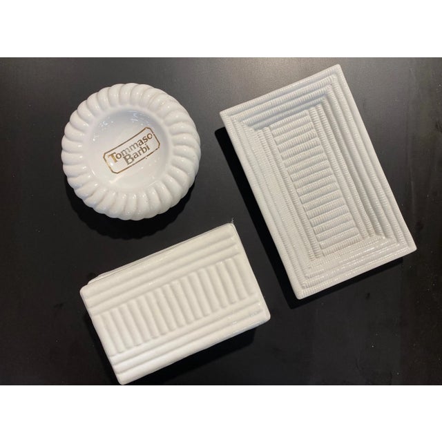 Tommaso Barbi group of 3 1980s ceramic smoking objects of 1 box and 2 ashtrays. All signed in white glaze B. Ceramiche....