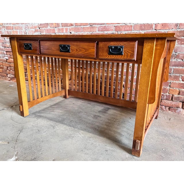 Vintage Stickley Style Mission Arts & Crafts Solid Spindle Oak Writing Work Table Desk For Sale In New York - Image 6 of 9