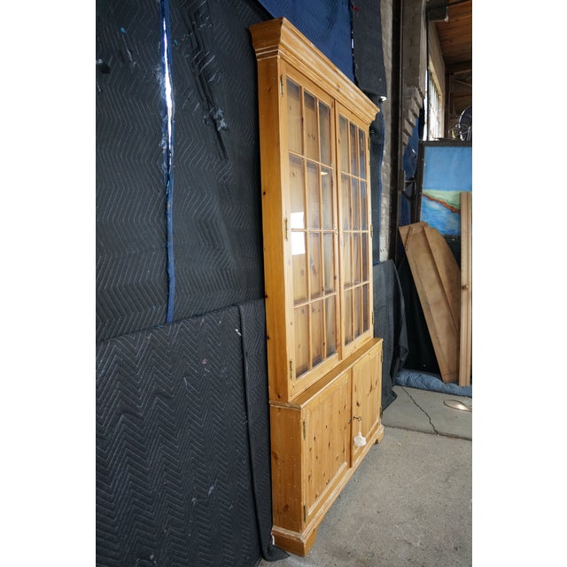 Late 20th Century Rare English Knotty Pine Shallow Glazed Glass China Display Cabinet Cupboard 95" For Sale - Image 15 of 18