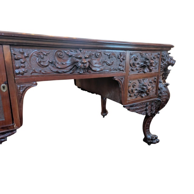 Gothic Antique Rj Horner-Style Mahogany Partners Desk With Winged Griffins For Sale - Image 3 of 12
