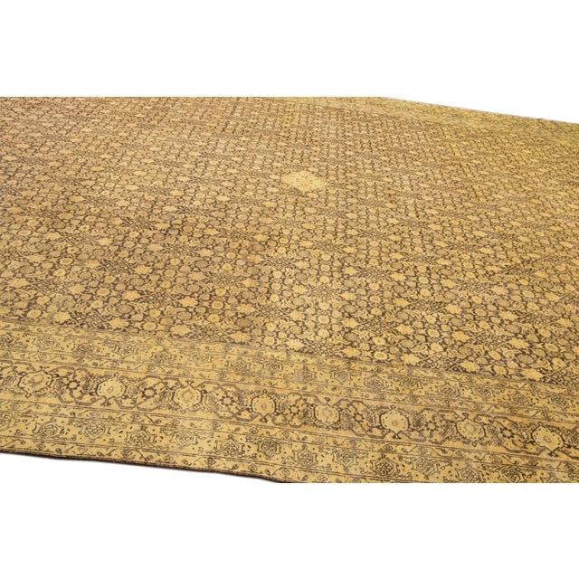 Antique Persian Tabriz Handmade Allover Motif Tan Oversize Wool Rug For Sale - Image 10 of 11