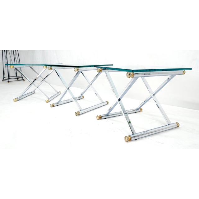 Set of 3 Chrome X Bases Square Glass Tops Occasional Side End Lamp Tables For Sale - Image 10 of 11