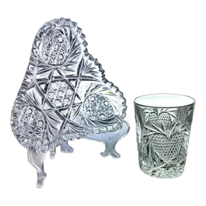 Antique Crystal Strawberry Heart Nappy Bon Bon Dish and Tumbler American Brilliant Period- Set of 2