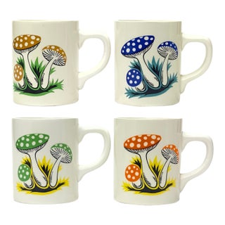 Vintage Colorful Bone China Mugs With Illustrative Mushroom Motif, Made in Japan - Set of 4 For Sale
