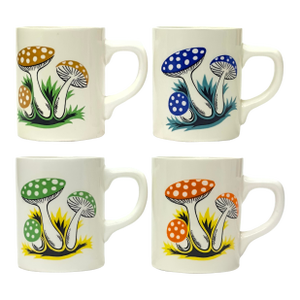 Vintage Colorful Bone China Mugs With Illustrative Mushroom Motif, Made in Japan - Set of 4
