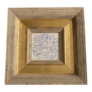 1080’s Original Vintage Wayne Cunningham Small Abstract Blue Ink Drawing Chunky Gold Frame For Sale