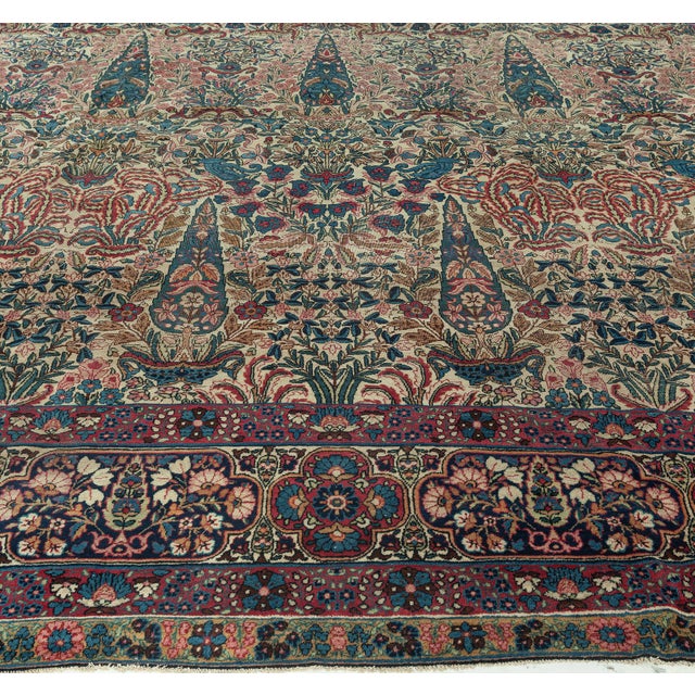 Early 20th Century Persian Kirman Wool Rug in Blue, Brown, Green, Pink and Red For Sale - Image 4 of 8