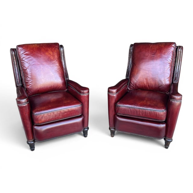 Hooker Furniture Pair of Vintage English Wingback Recliners in Burgundy Oxblood Leather For Sale - Image 4 of 16