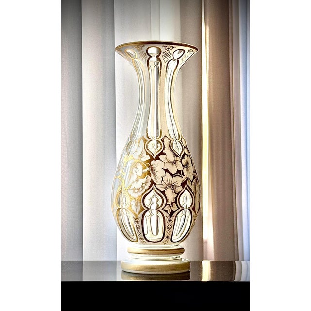 Antique Bohemian White Overlay Gilded Glass Vase, 1800s For Sale - Image 12 of 18