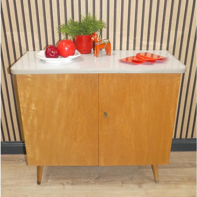 Rare piece of furniture Simple kitchen chest of drawers on fine legs! Simple, sturdy cabinet with two doors and a bright,...