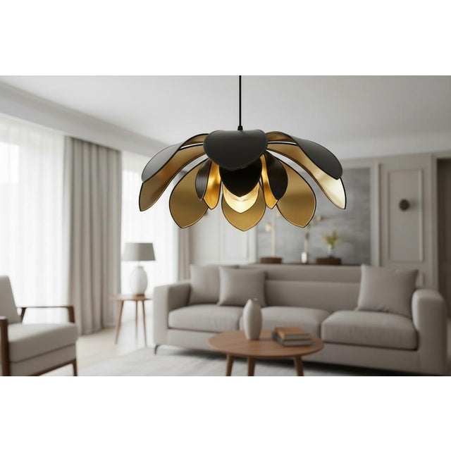 Large lotus flower pendant light by Robert de Schuytener from the 1980s, 75 centimeters in diameter. It features black...