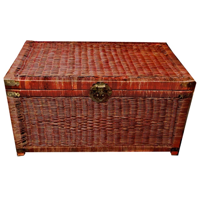 Late 20th Century Ruddy Wicker Brass Campaign Trunk & Blanket Chest For Sale - Image 9 of 9