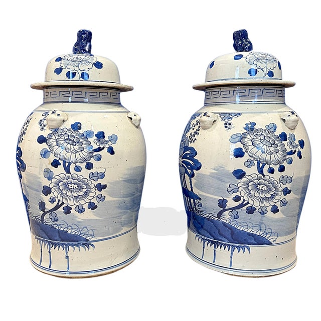 2020s Chinoiserie White & Blue Flower Baluster Ginger Jars - a Pair For Sale - Image 5 of 5