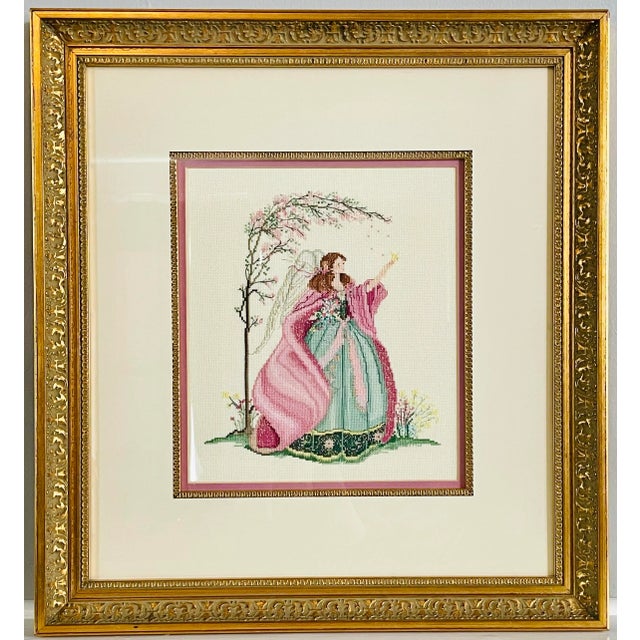 Vintage Large Angel Cross Stitch Needlework Art Series in Custom Gilt Wood Frames- Set of 3 For Sale - Image 11 of 12