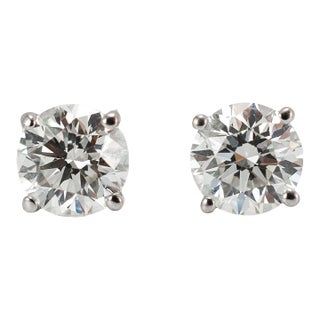 Unisex 14k White Gold 4 Prong Push Back 1.60ct Round Diamond Stud Earrings, A Pair For Sale