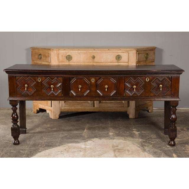 19th Century English 19th Century Oak Sideboard with Geometric Front and Three Drawers For Sale - Image 5 of 12