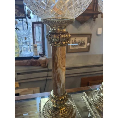 Brass Pair of Mid 20th Century Brass and Marble With Cut Crystal Open Globe Torchiere Buffet Lamps For Sale - Image 8 of 12